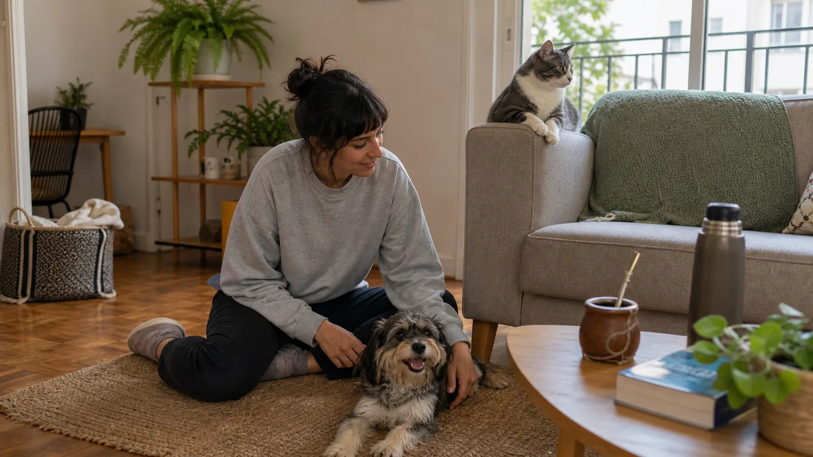 Gato y perro conviviendo en el living de una casa en Buenos Aires