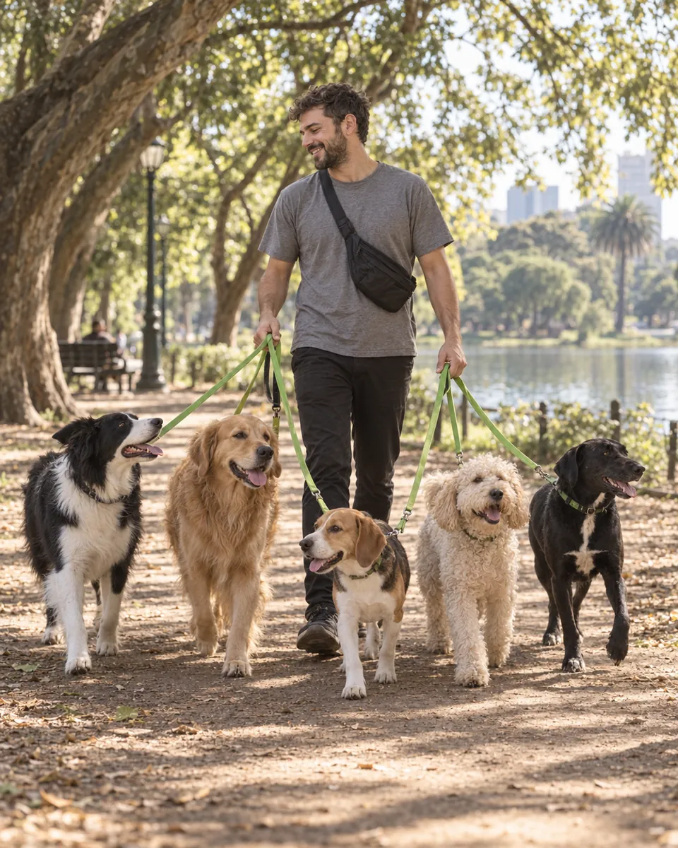 Un paseador camina con cinco perros por los Bosques de Palermo.