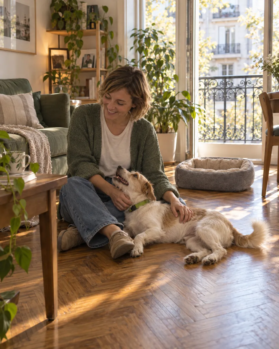 Una cuidadora acaricia a un perro en el living de su departamento.