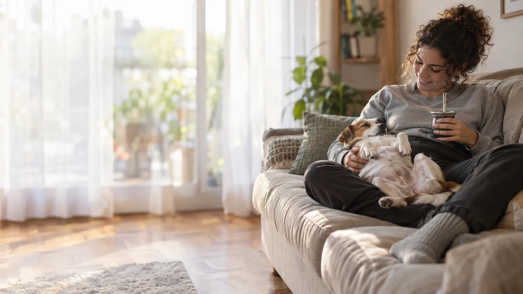 Una cuidadora toma mate en el sillón con un perro dormido panza arriba sobre sus piernas.
