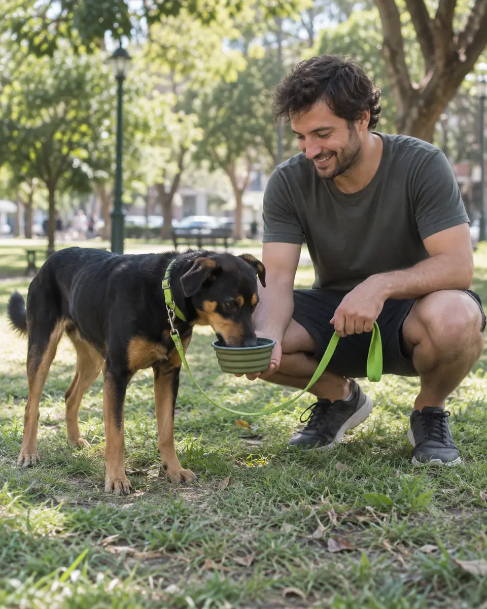 Un paseador en cuclillas en una plaza le da agua a un perro con un bebedero plegable.
