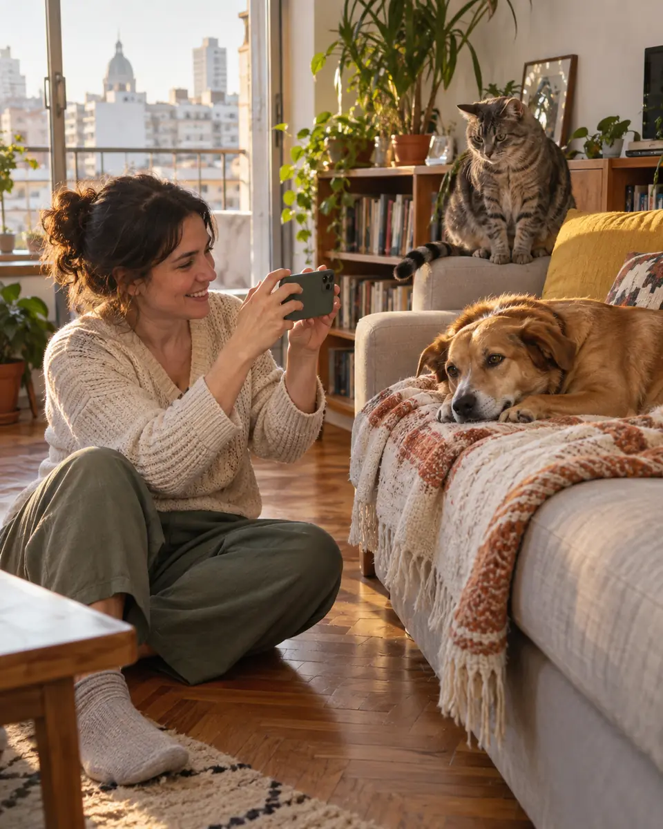 Una cuidadora sentada en el piso de su living le saca una foto a un perro acostado en el sillón, con un gato atigrado en el respaldo.